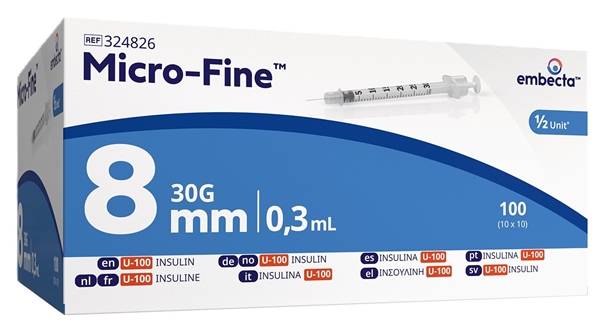 Micro-Fine sprøjte m/kanyle, 0,3ml 30G x 5/16" 0,30x8mm - 2