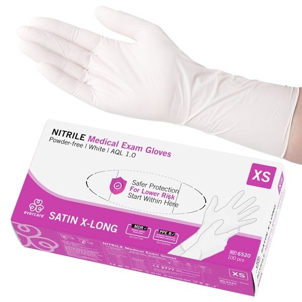 evercare SATIN us-handske lang, XS, nitril hvid AQL 1,0 - evercare®