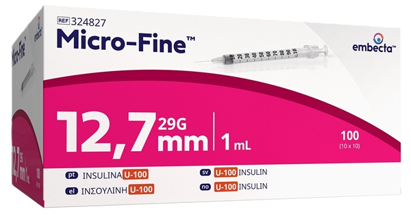Micro-Fine sprøjte m/kanyle, 1,0ml 29G x ½" 0,33x12,7mm - 2
