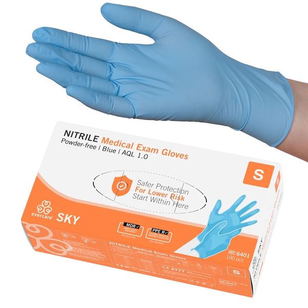 evercare® Examination Gloves, Nitrile SKY, S SKY Blue AQL1.0 100pc - evercare®