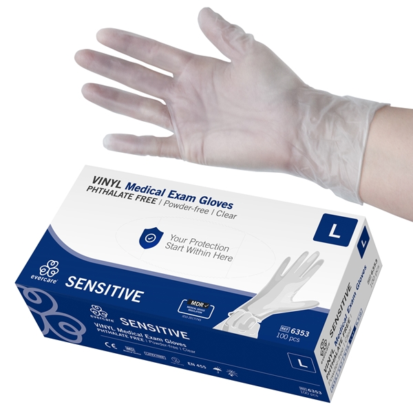 evercare® Examination Gloves, Vinyl SENSITIVE, L SENSITIVE PH.F AQL1.5 100pc - evercare®