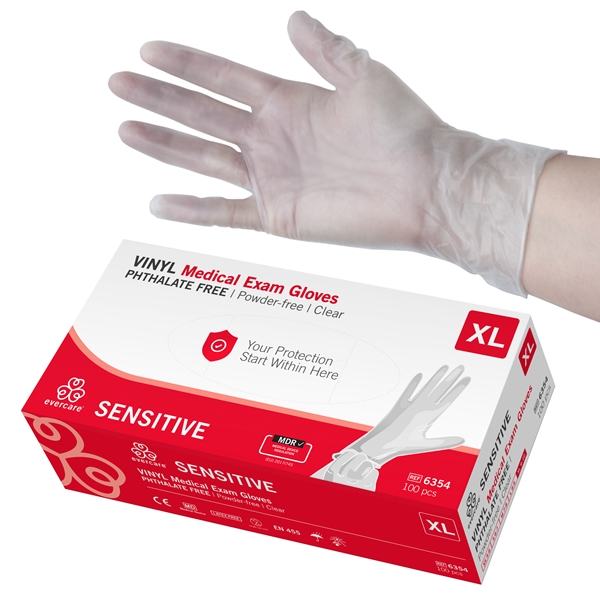 evercare® Examination Gloves, Vinyl SENSITIVE, XL SENSITIVE PH.F AQL1.5 100pc - evercare®