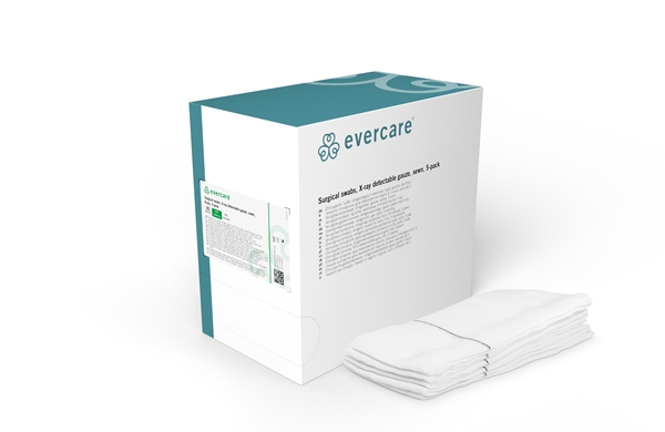 evercare® Surgical swabs, X-ray detectable, gauze, sewn, sterile, 10x60cm 8L 5p sterile - evercare® - 1