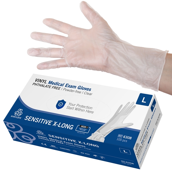 evercare® Examination Gloves, Vinyl SENSITIVE X-LONG, L X-LONG Pwd&Phth.Free 100pc - evercare®