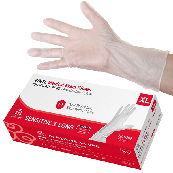 evercare® Examination Gloves, Vinyl SENSITIVE X-LONG, XL X-LONG Pwd&Phth.Free 100pc - evercare®