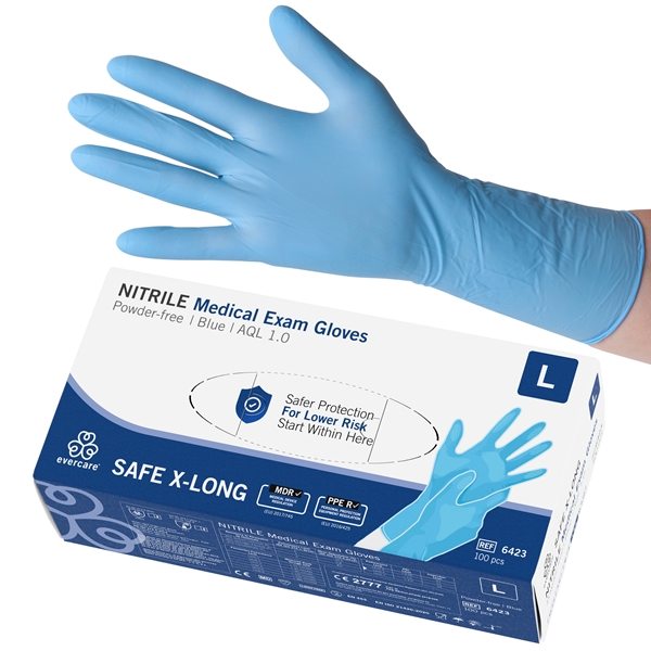 evercare® Examination Gloves, Nitrile SAFE X-LONG, L SAFEX-LONG Blue AQL1.0 100pc - evercare®