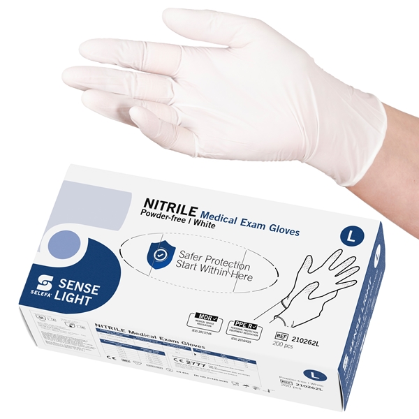 Examination gloves Nitrile SENSE LIGHT, white, L SENSE LIGHT WH AQL1.5 200pc - SELEFA®