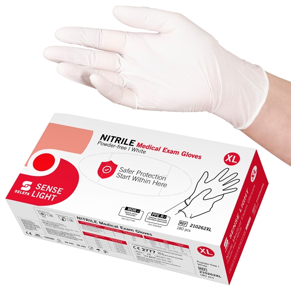 Examination gloves Nitrile SENSE LIGHT, white, XL SENSE LIGHT WH AQL1.5 180pc - SELEFA®
