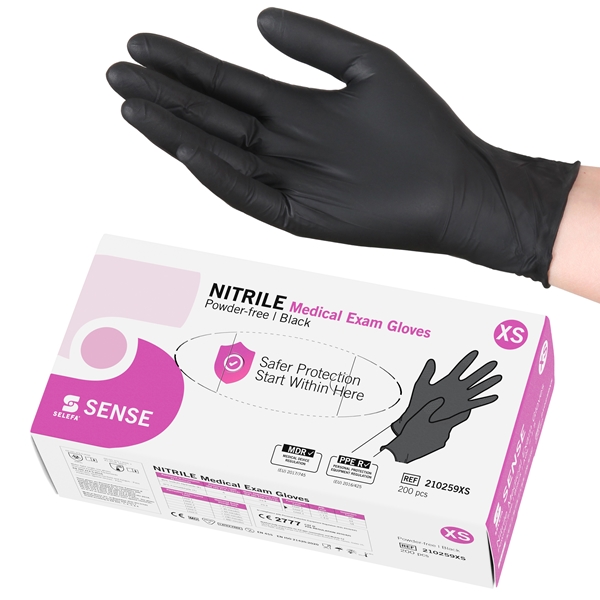 SELEFA® Examination Gloves Nitrile SENSE, Black, XS SENSE black AQL 1.5 200pcs - SELEFA®