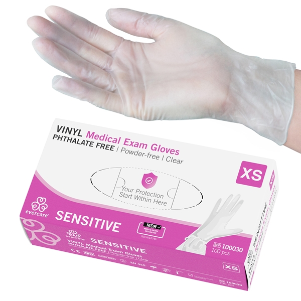 evercare® Examination Gloves, Vinyl SENSITIVE, XS SENSITIVE PH.F AQL1.5 100pc - evercare®