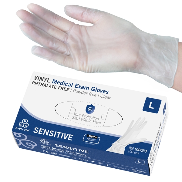 evercare® Examination Gloves, Vinyl SENSITIVE, L SENSITIVE PH.F AQL1.5 100pc - evercare®