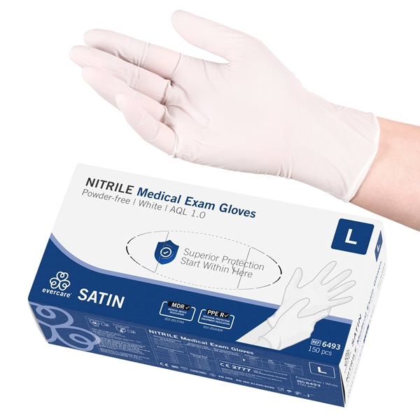 evercare® Examination Gloves, Nitrile SATIN, L SATIN White AQL1.0 150pcs - evercare®