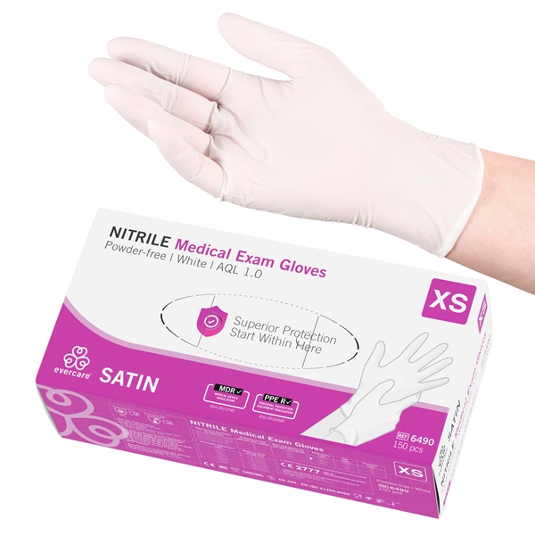 evercare® Examination Gloves, Nitrile SATIN, XS SATIN White AQL1.0 150pcs - evercare®