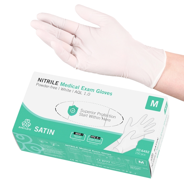 evercare® Examination Gloves, Nitrile SATIN, M SATIN White AQL1.0 150pcs - evercare®
