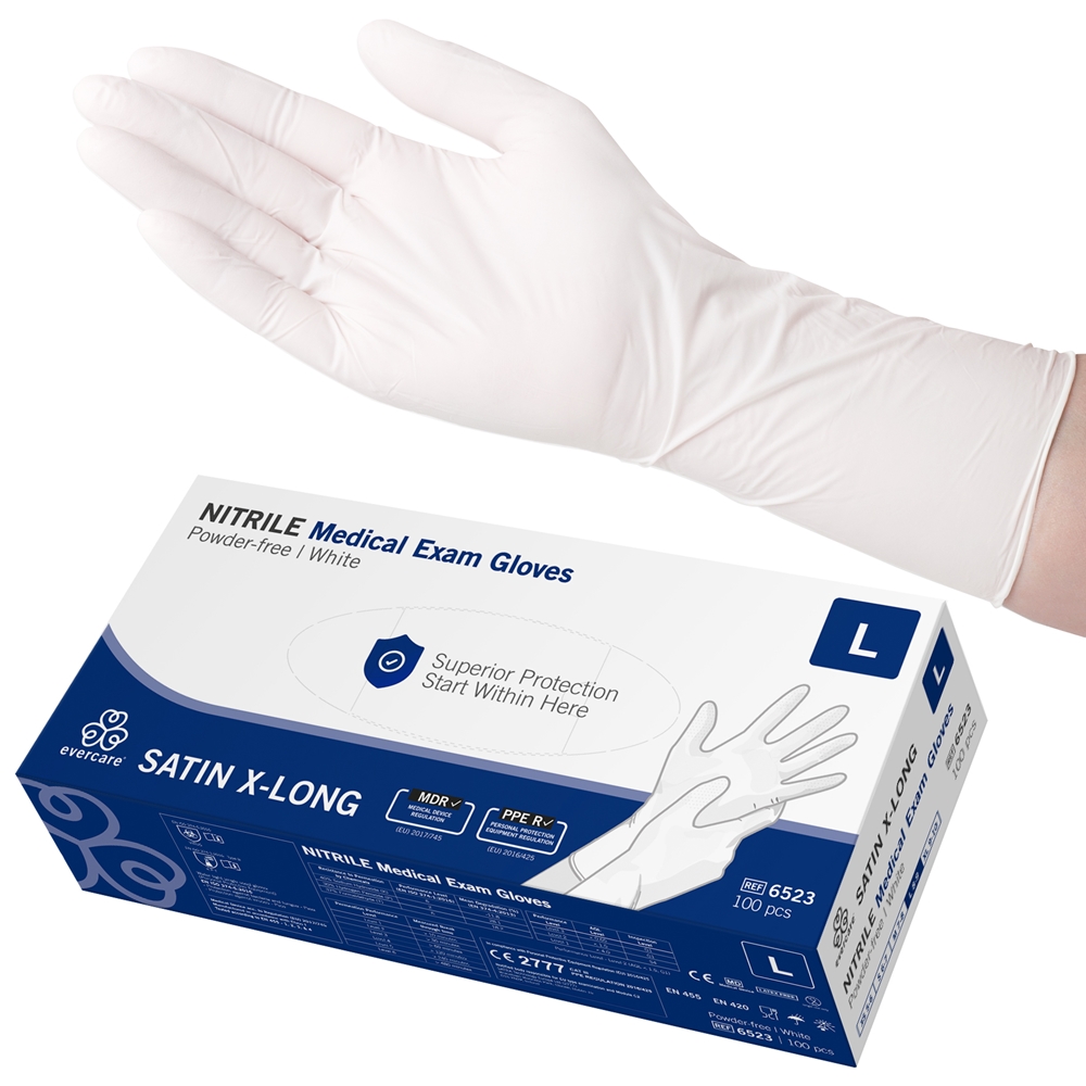 evercare® Examination Gloves, Nitrile SATIN X-LONG, L SATIN X-LONG W AQL1.5 100pc - evercare®