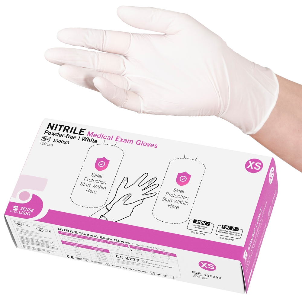 SELEFA® Examination gloves Nitrile SENSE LIGHT Twin, White, XS SENSE LIGHT WH Twin 200pc - SELEFA®