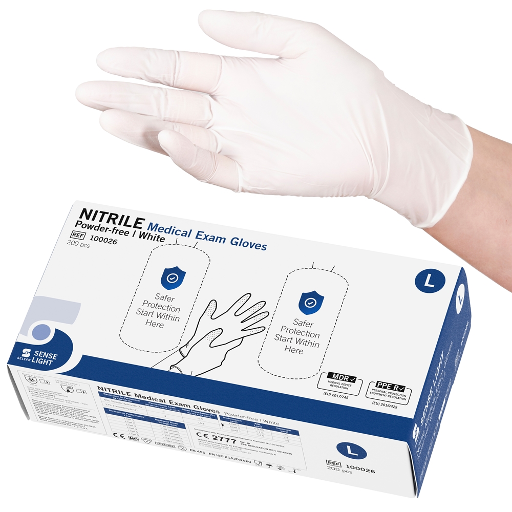 SELEFA® Examination gloves Nitrile SENSE LIGHT Twin, White, L SENSE LIGHT WH Twin 200pc - SELEFA®