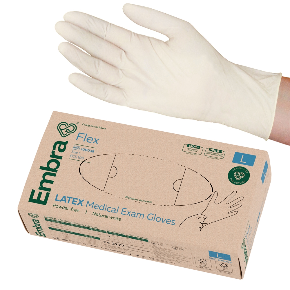 Embra® Examination Gloves, Latex FLEX, Powder-Free, L FLEX PF AQL 1.5 100pcs - Embra®