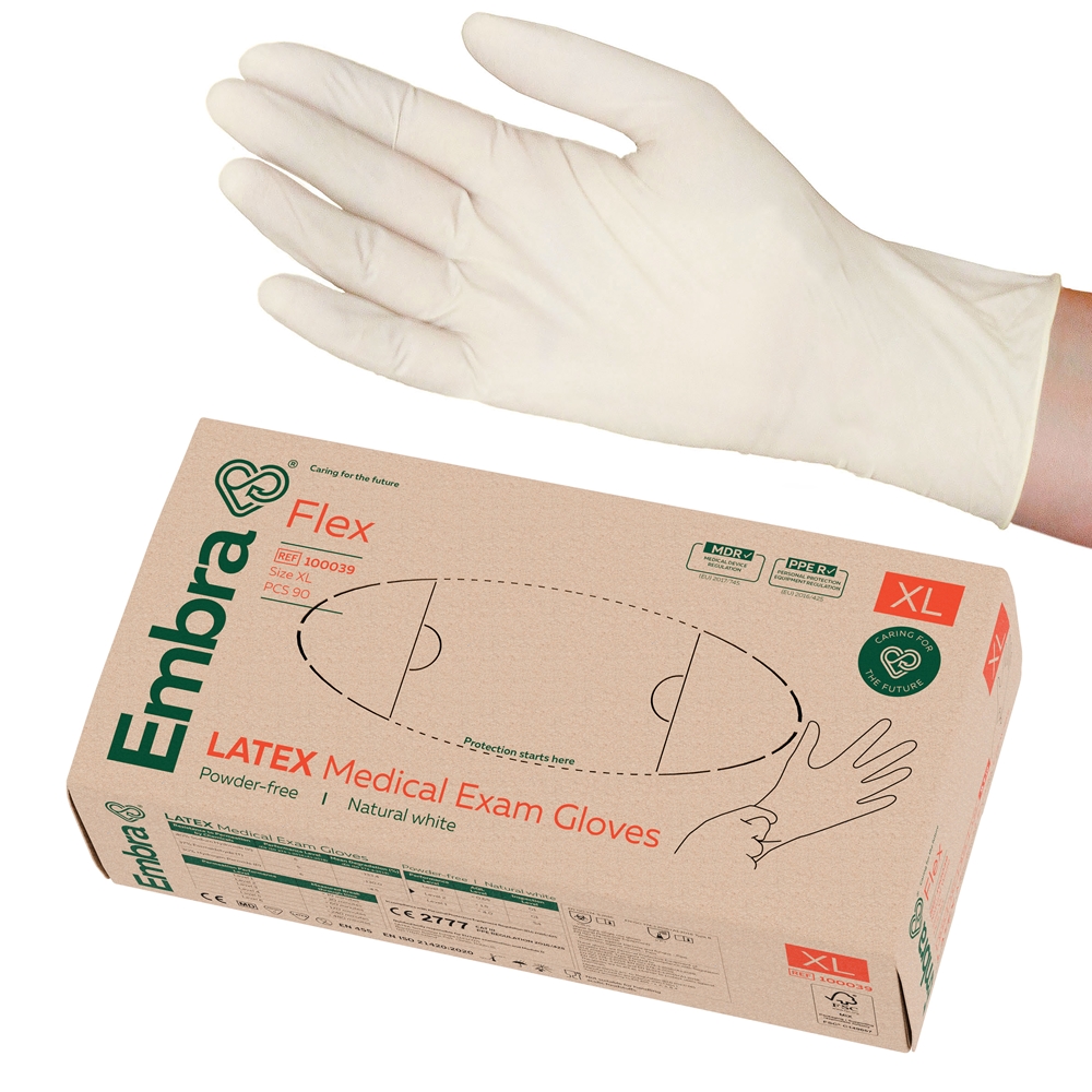 Embra® Examination Gloves, Latex FLEX, Powder-Free, XL FLEX PF AQL 1.5 90pcs - Embra®