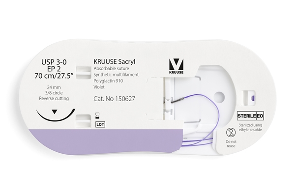 KRUUSE Sacryl Suture, USP 3-0, 70 cm, violet, 24 mm needle, 3/8 circle, reverse cutting, 12kpl, 70cm violet 24mm 12kpl - 3