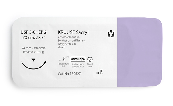 KRUUSE Sacryl Suture, USP 3-0, 70 cm, violet, 24 mm needle, 3/8 circle, reverse cutting, 12kpl, 70cm violet 24mm 12kpl - 1
