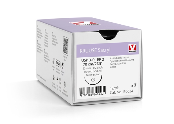 KRUUSE Sacryl Suture, USP 3-0, 70 cm, violet, 26 mm needle, 1/2 circle, round bodied, taper point, 12kpl, 70cm violet 26mm 12kpl - 2