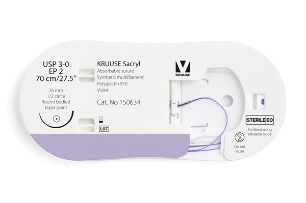 KRUUSE Sacryl Suture, USP 3-0, 70 cm, violet, 26 mm needle, 1/2 circle, round bodied, taper point, 12kpl, 70cm violet 26mm 12kpl - 3
