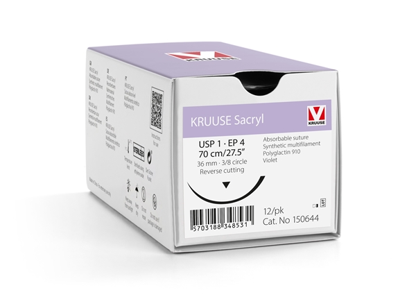 KRUUSE Sacryl Suture, USP 1, 70 cm, violet, 36 mm needle, 3/8 circle, reverse cutting, 12 kpl, 70cm violet 36mm 12kpl - 2