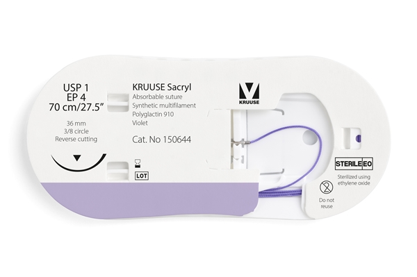 KRUUSE Sacryl Suture, USP 1, 70 cm, violet, 36 mm needle, 3/8 circle, reverse cutting, 12 kpl, 70cm violet 36mm 12kpl - 3