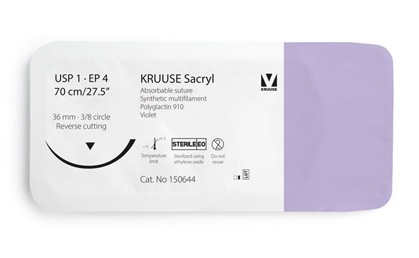 KRUUSE Sacryl Suture, USP 1, 70 cm, violet, 36 mm needle, 3/8 circle, reverse cutting, 12 kpl, 70cm violet 36mm 12kpl - 1