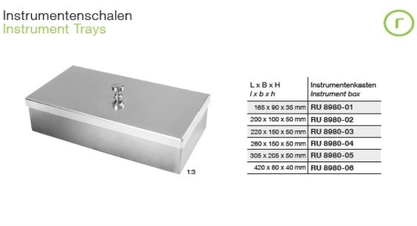 Instrumenttilaatikko, kannella, 260x150x50 mm, metallia