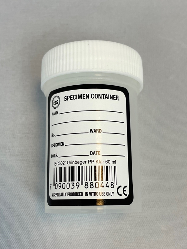 Urinprøvebeger med lokk, 60ml, strekkodeetikett, PP