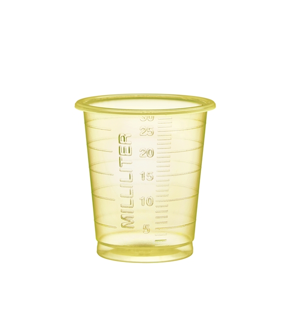 Medisinbeger plast Eco, 30ml smal gul