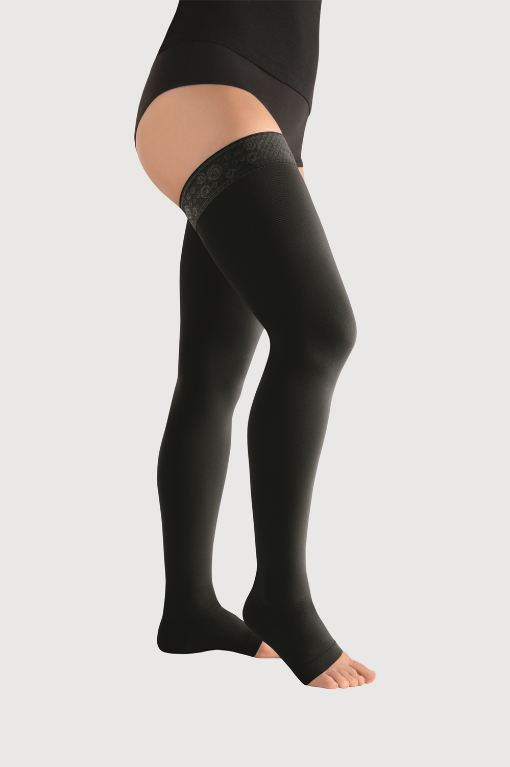 Kompresjonsstrømpe lår K1 Juzo, M sort Move åpen tå border