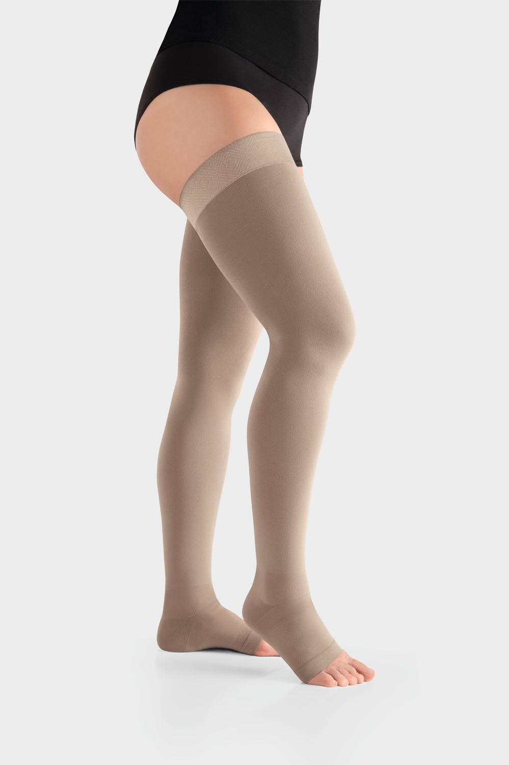 Kompresjonsstrømpe lår K1 Juzo, L mandel Move åpen tå border