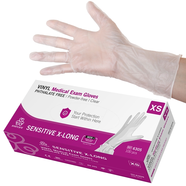 Handske us vinyl evercare pf, XS ftalatfri x-lång AQL 1,5 - evercare®