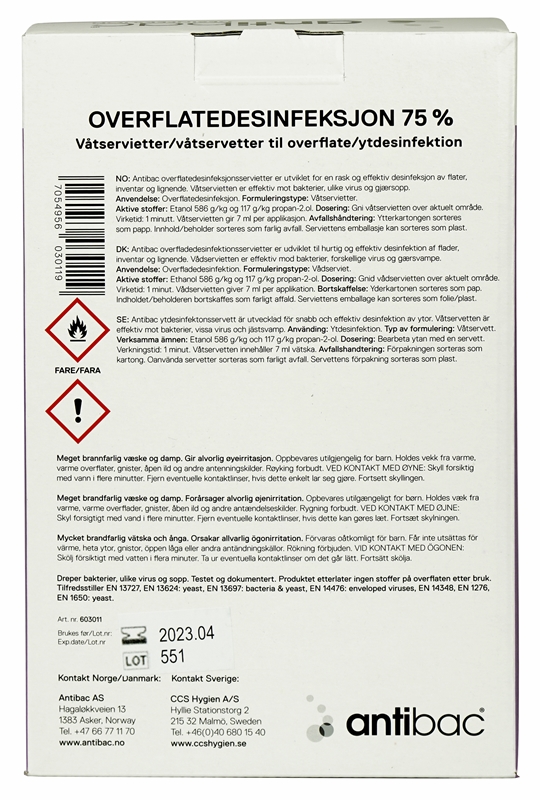 Ytdesinfektion servett Antibac, 75% 17x22cm styckförpackad - antibac - 2