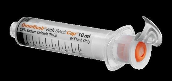 Spruta förfylld Omniflush med SwabCap, 10ml NaCI 0,9%, med SwabCap