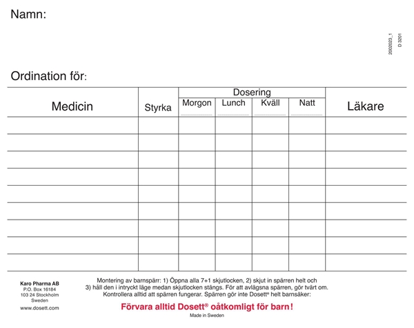 Ordinationskort till doseringsask, Svenska, till Dosett Maxi