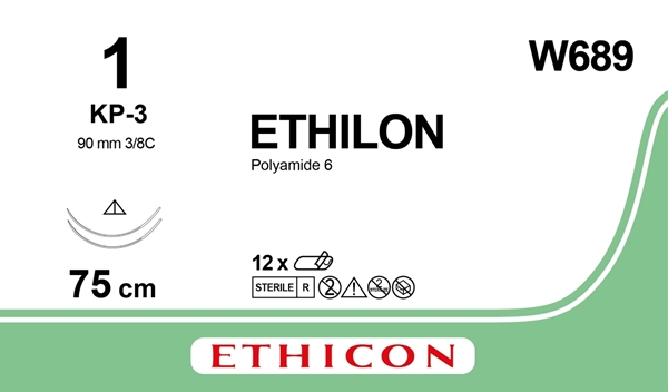 Sutur Ethilon 1 W689, 75cm svart nål 2xKP-3 - Ethilon