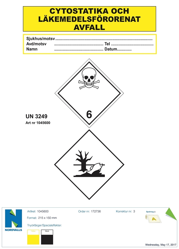 Etikett transport cytostatika, 215x150mm UN3249 200st/rle