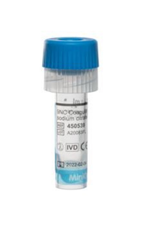 Rör MiniCollect venprovtagning, 1mL Na-Citrat 3,2% ljusblå