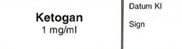 Sprutetikett Ketogan 1mg/ml, 12x50mm vit med svart text