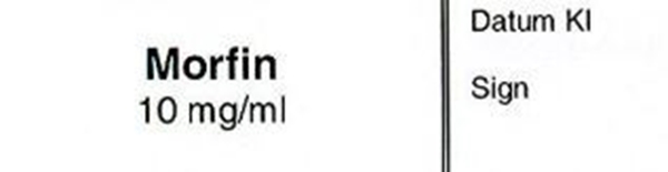 Sprutetikett Morfin 10mg/ml, 12x50mm vit med svart text