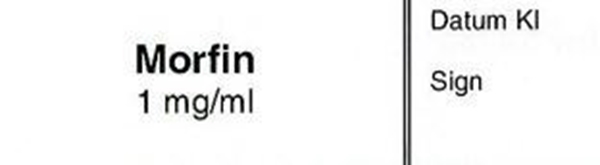 Sprutetikett Morfin 1mg/ml, 12x50mm vit med svart text