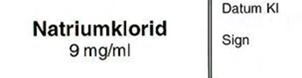 Sprutetikett Natriumklorid 9mg/ml, 12x50mm vit med svart text