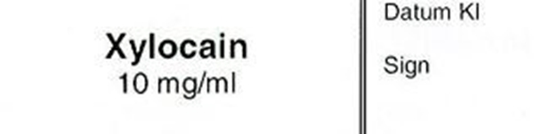 Sprutetikett Xylocaine 10mg/ml, 12x50mm vit med svart text