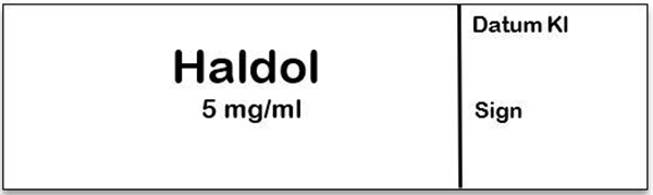 Sprutetikett Haldol 5mg/ml, 12x50mm vit med svart text