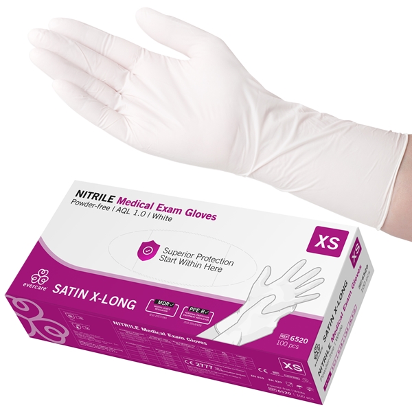 Handske us nitril evercare pf, XS SATIN X-LONG vit AQL 1,0 - evercare®