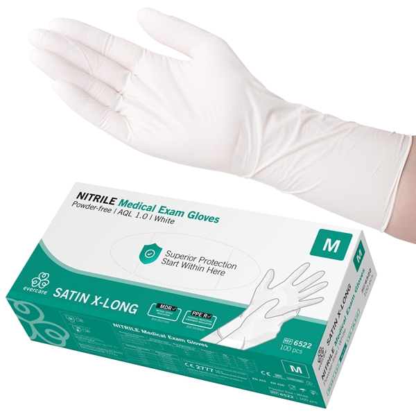 Handske us nitril evercare pf, M SATIN X-LONG vit AQL 1,0 - evercare®